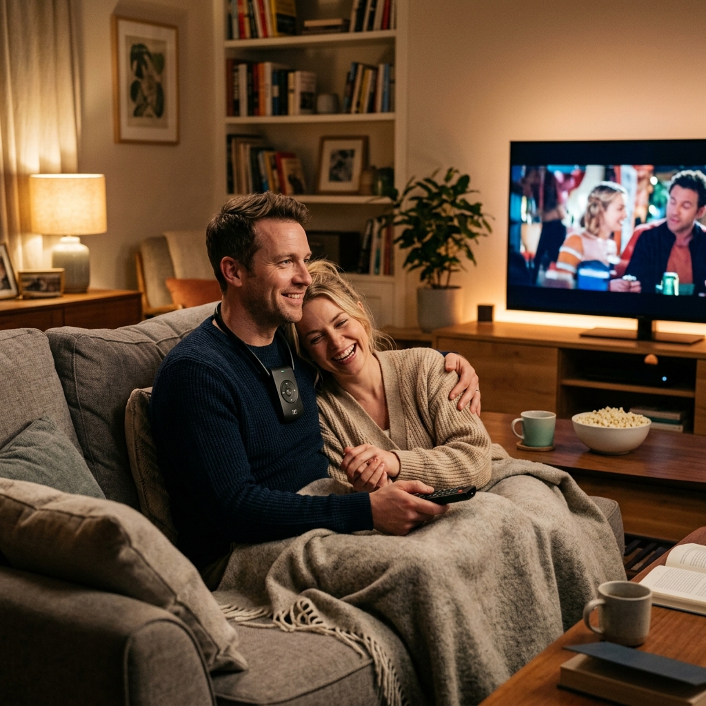 Couple enjoying TV listening streamer at home